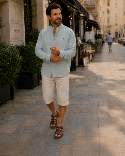 Lucas - Chemise en Lin Homme Casual Chic avec Col Mao et Boutons Contrastés