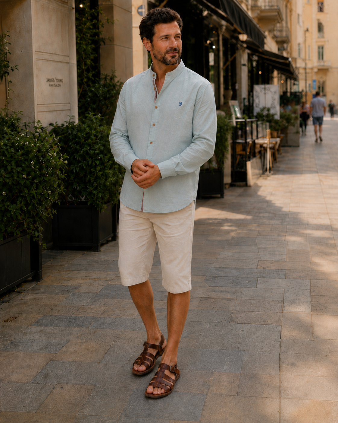 Lucas - Chemise en Lin Homme Casual Chic avec Col Mao et Boutons Contrastés