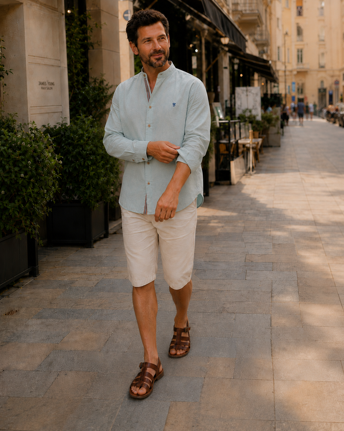 Lucas - Chemise en Lin Homme Casual Chic avec Col Mao et Boutons Contrastés