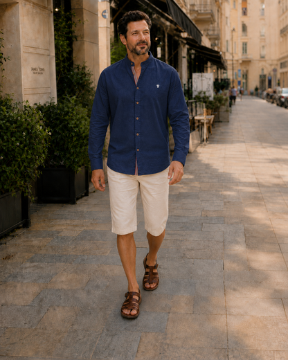 Lucas - Chemise en Lin Homme Casual Chic avec Col Mao et Boutons Contrastés