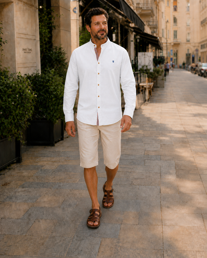 Lucas - Chemise en Lin Homme Casual Chic avec Col Mao et Boutons Contrastés