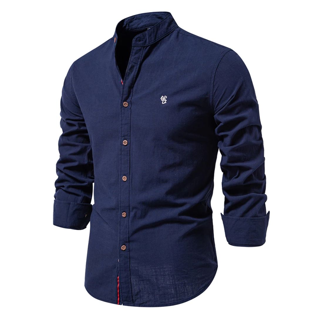 Lucas - Chemise en Lin Homme Casual Chic avec Col Mao et Boutons Contrastés