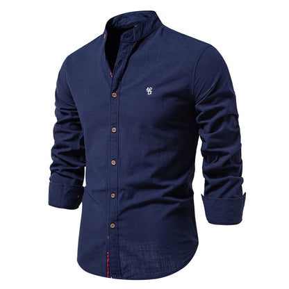Lucas - Chemise en Lin Homme Casual Chic avec Col Mao et Boutons Contrastés