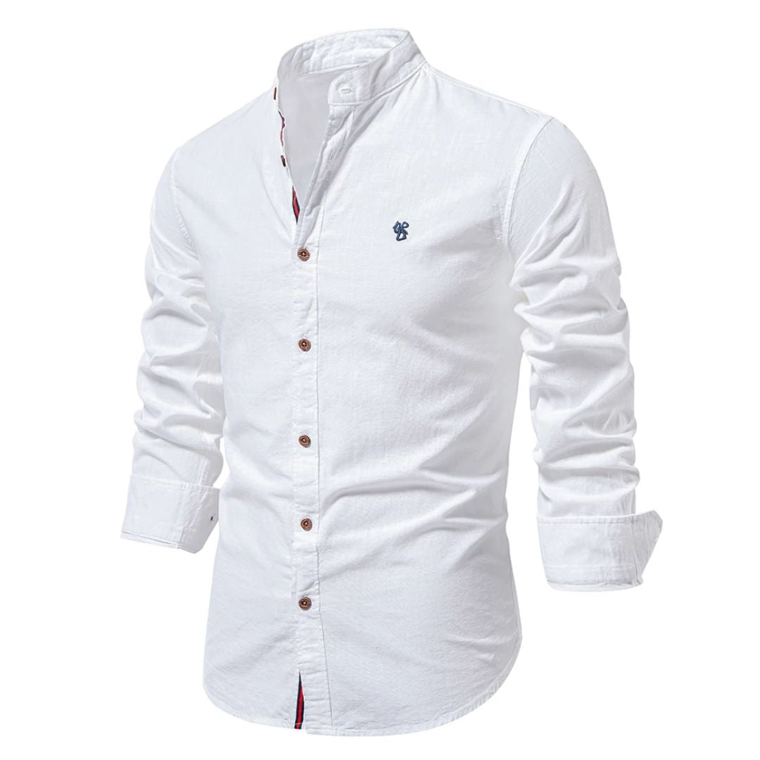 Lucas - Chemise en Lin Homme Casual Chic avec Col Mao et Boutons Contrastés