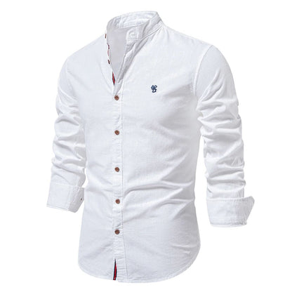 Lucas - Chemise en Lin Homme Casual Chic avec Col Mao et Boutons Contrastés