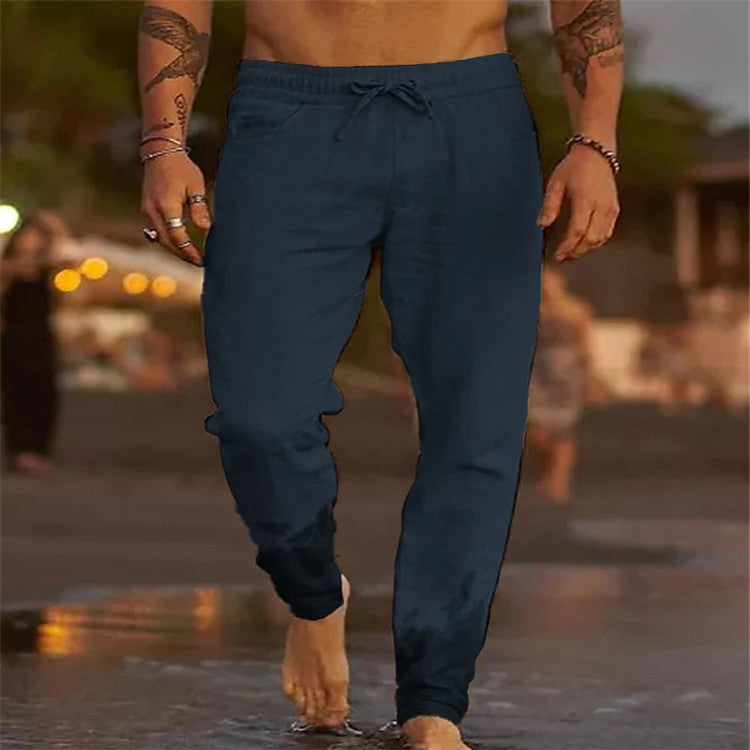 Mattis - Pantalon en Lin Homme Casual avec Ceinture Élastique et Coupe Ajustée