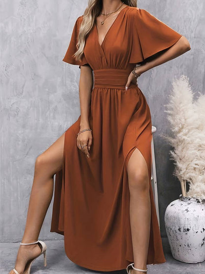 Lucie - Robe Maxi d'Été Femme Col V à Manches Papillon Taille Smockée et Fente Élégante