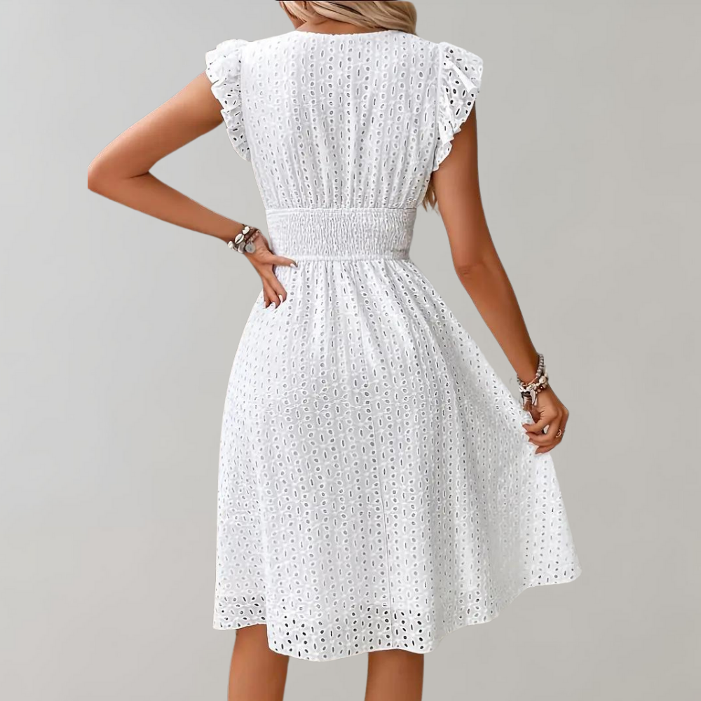 Lucie - Robe d'Été Bohème Femme à Col V avec Broderies Ajourées et Manches Volantées