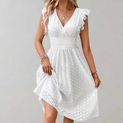 Lucie - Robe d'Été Bohème Femme à Col V avec Broderies Ajourées et Manches Volantées
