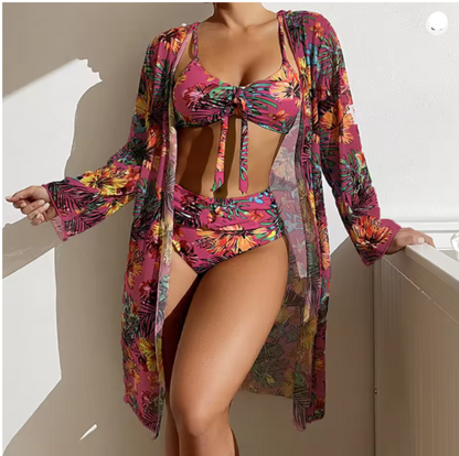 Manon - Ensemble Maillot de Bain Femme Trois Pièces Tendance avec Kimono Fleuri