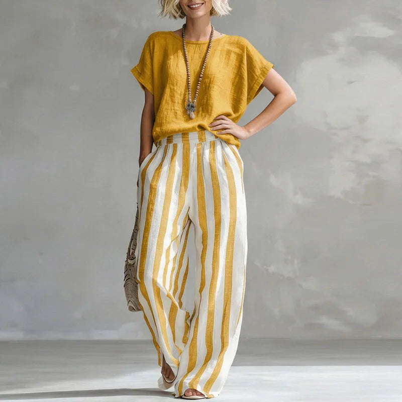 Manon - Ensemble en Lin 2 Pièces Femme Top Casual et Pantalon Rayé Fluide
