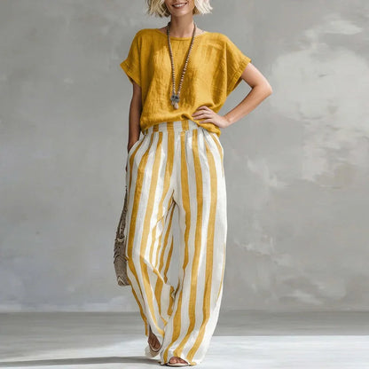 Manon - Ensemble en Lin 2 Pièces Femme Top Casual et Pantalon Rayé Fluide