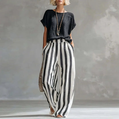 Manon - Ensemble en Lin 2 Pièces Femme Top Casual et Pantalon Rayé Fluide