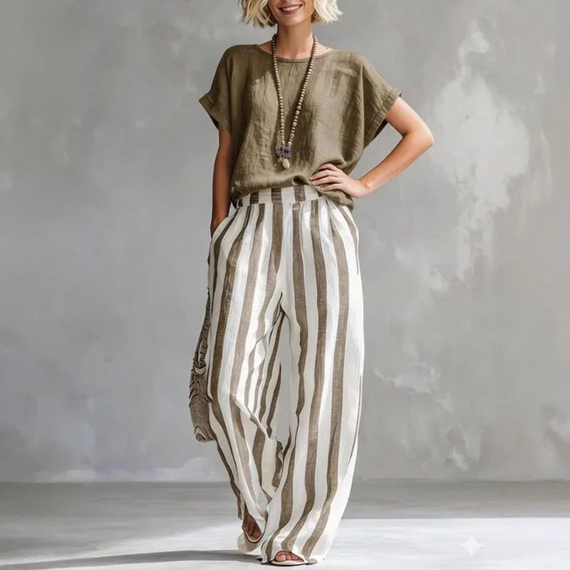Manon - Ensemble en Lin 2 Pièces Femme Top Casual et Pantalon Rayé Fluide