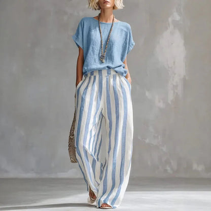 Manon - Ensemble en Lin 2 Pièces Femme Top Casual et Pantalon Rayé Fluide