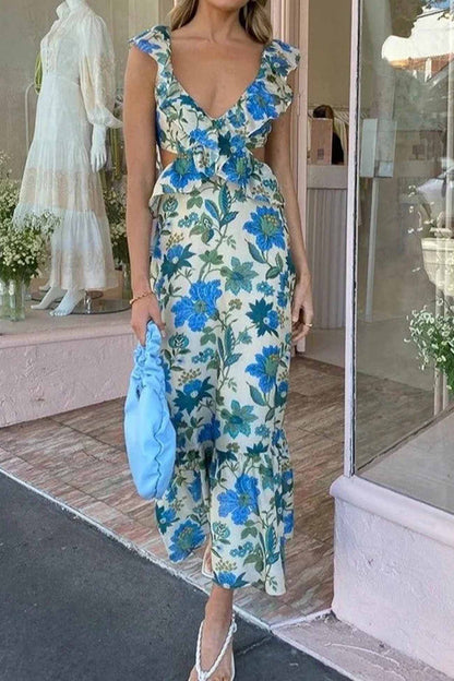 Manon - Robe Invitée Mariage Femme Bohème Longue Fleurie à Volants et Découpes