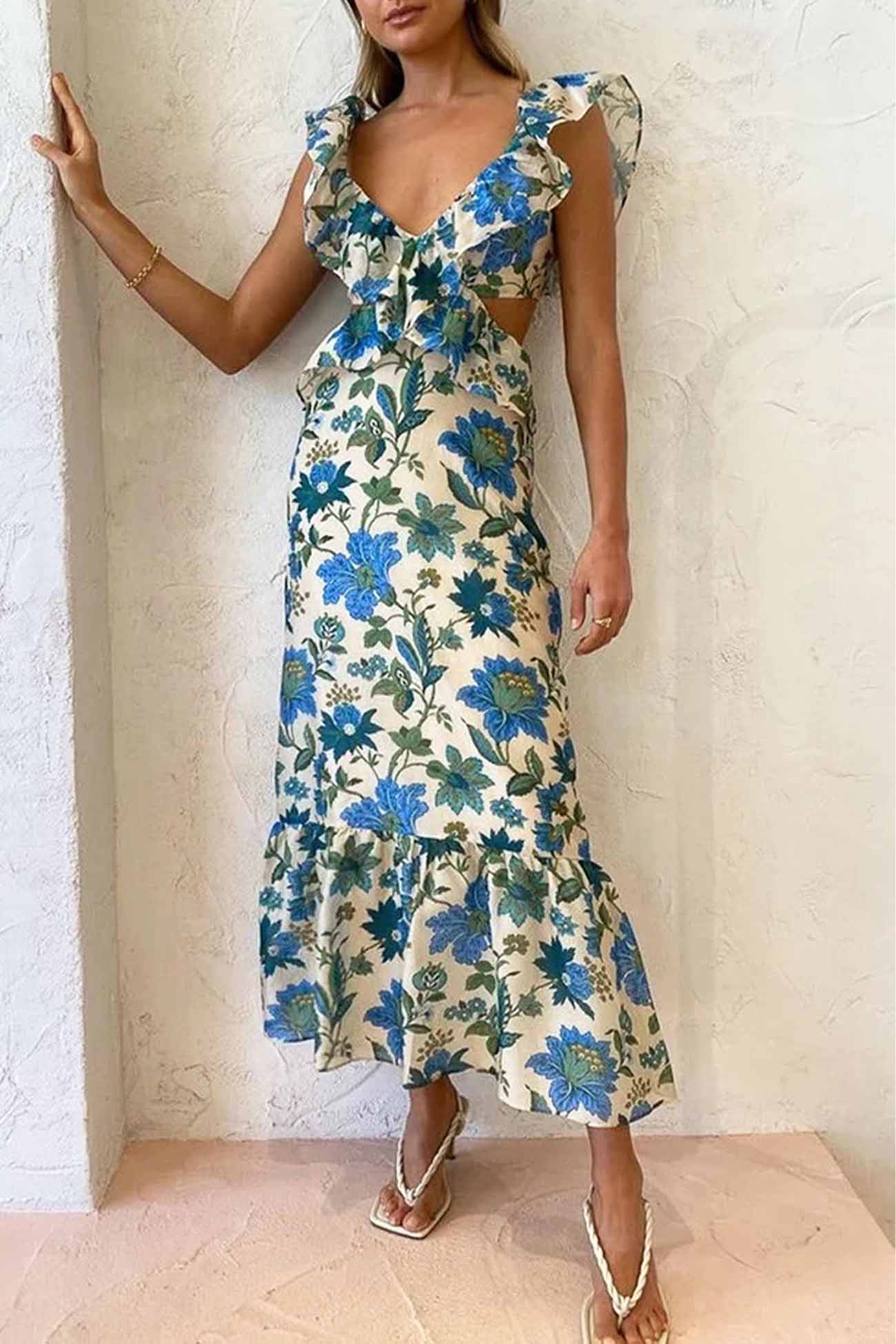 Manon - Robe Invitée Mariage Femme Bohème Longue Fleurie à Volants et Découpes