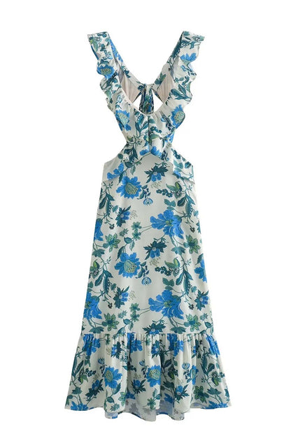 Manon - Robe Invitée Mariage Femme Bohème Longue Fleurie à Volants et Découpes
