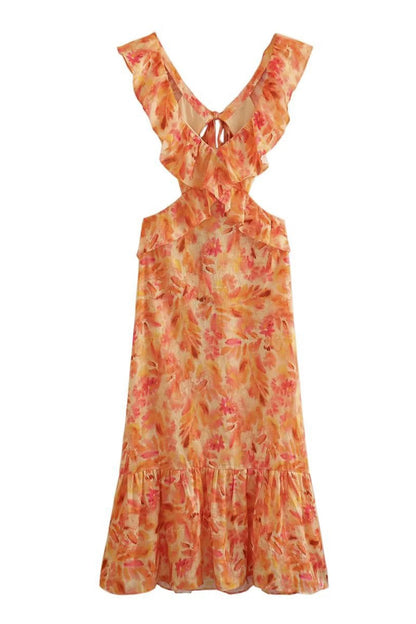 Manon - Robe Invitée Mariage Femme Bohème Longue Fleurie à Volants et Découpes