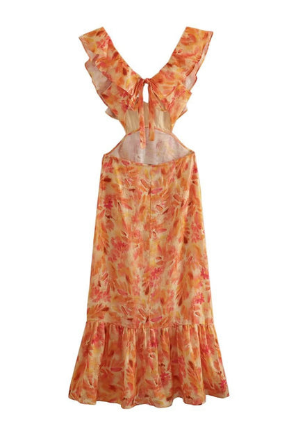 Manon - Robe Invitée Mariage Femme Bohème Longue Fleurie à Volants et Découpes