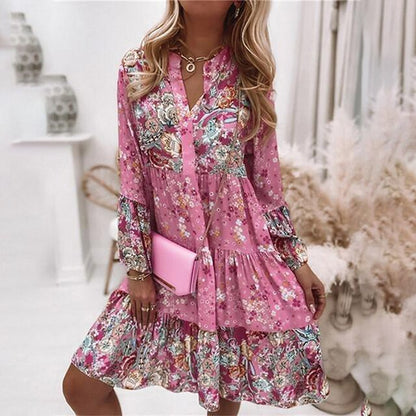 Manon - Robe Invitée Mariage Femme Bohème avec Col V et Manches Longues