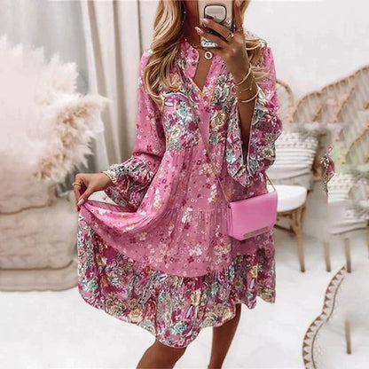 Manon - Robe Invitée Mariage Femme Bohème avec Col V et Manches Longues