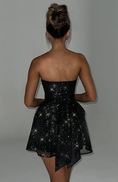 Manon - Robe Invitée Mariage Femme sans Bretelles à Jupe Évasée et Paillettes Glamour