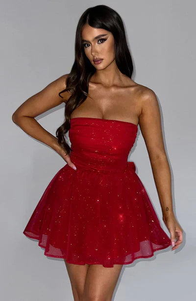 Manon - Robe Invitée Mariage Femme sans Bretelles à Jupe Évasée et Paillettes Glamour