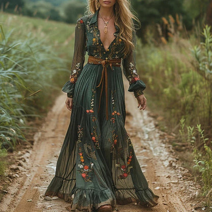 Manon - Robe Longue Bohème Femme Fleurie avec Col en V et Ceinture
