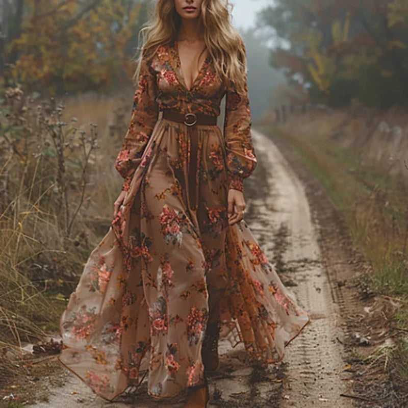 Manon - Robe Longue Bohème Femme Fleurie avec Col en V et Ceinture