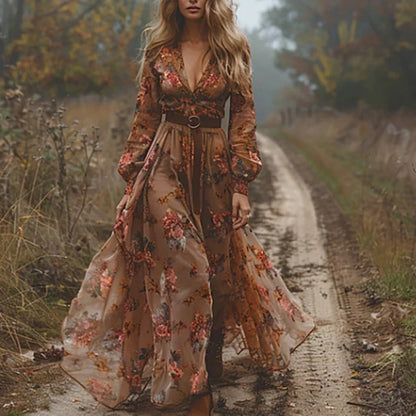 Manon - Robe Longue Bohème Femme Fleurie avec Col en V et Ceinture