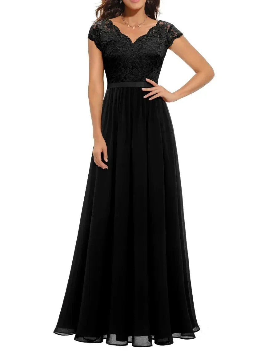 Manon - Robe Maxi Romantique Invitée Mariage Femme avec Col V et Corsage Brodé Fleuri