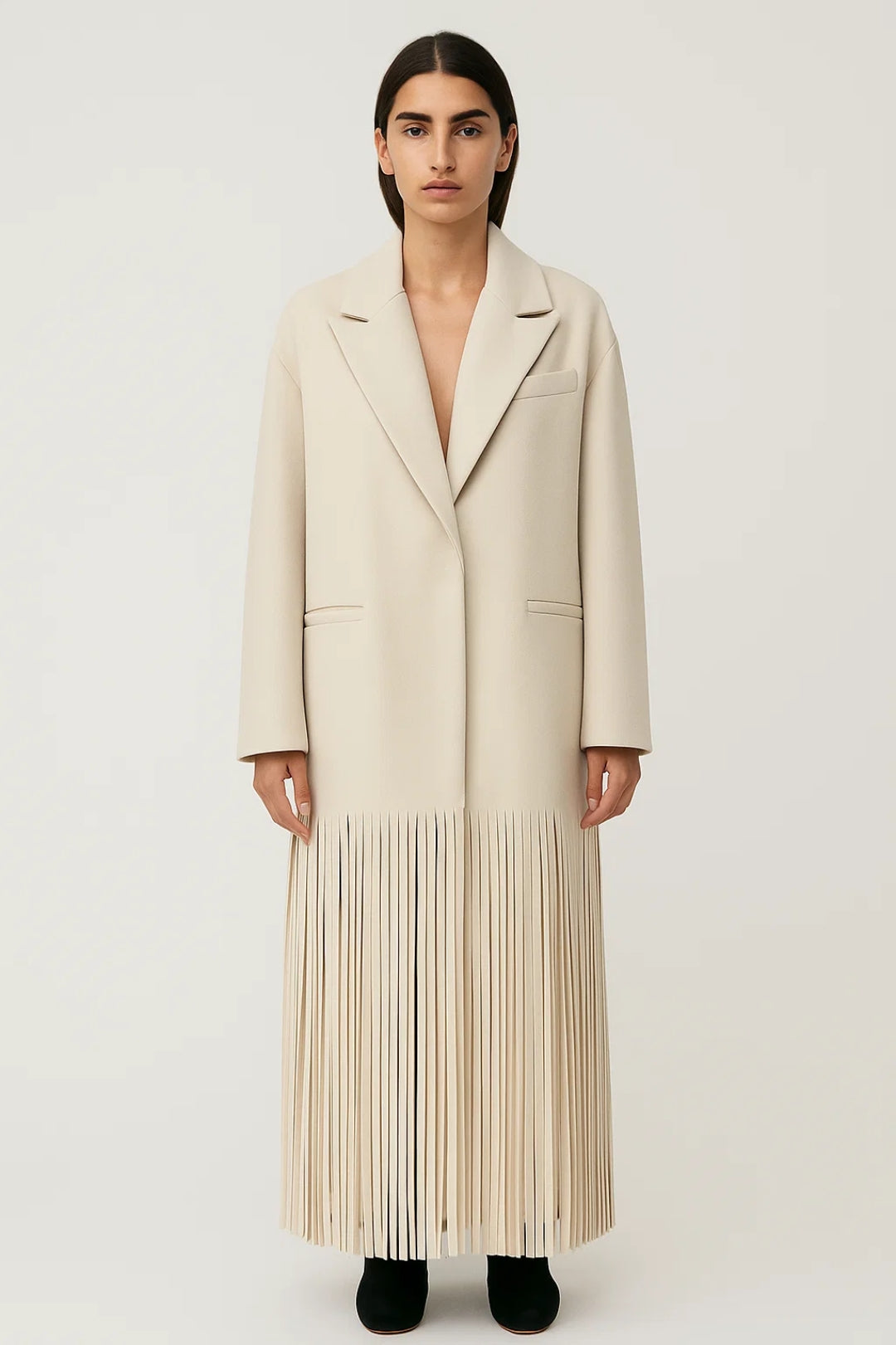 Manteau Long | Coupe Droite avec Franges | Élégance Moderne