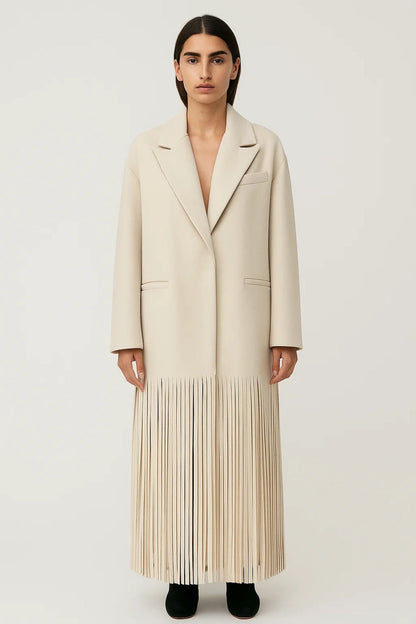 Manteau Long | Coupe Droite avec Franges | Élégance Moderne
