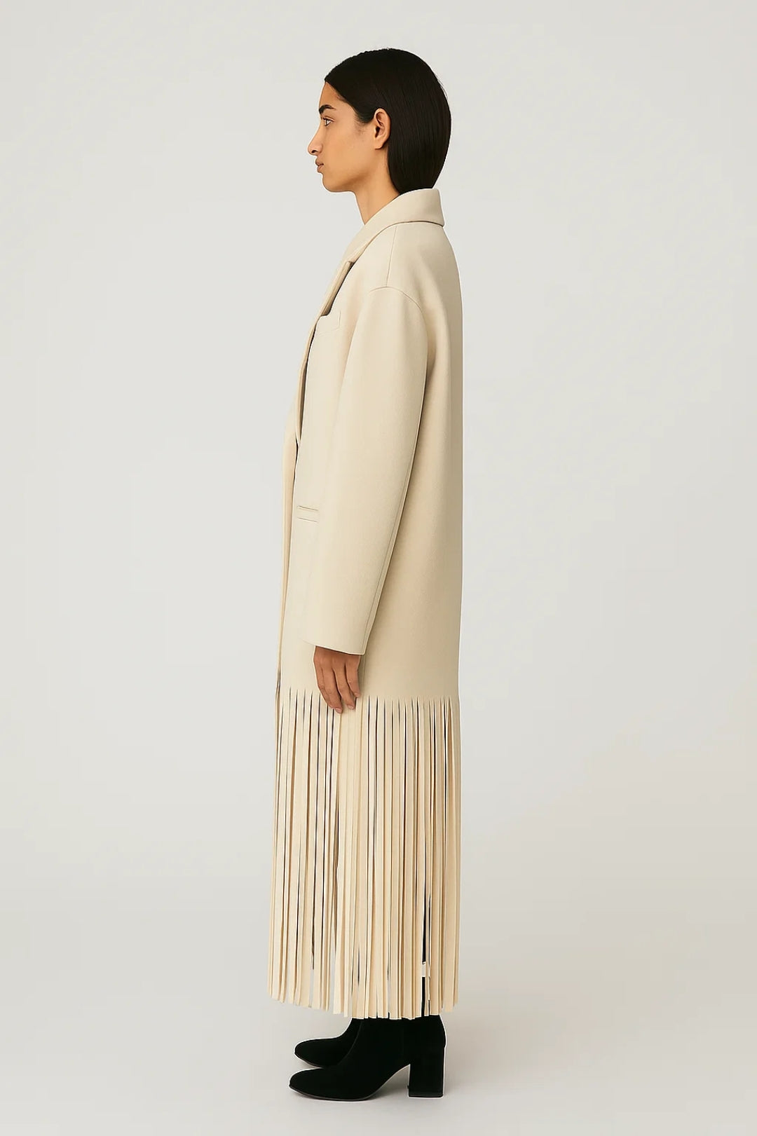 Manteau Long | Coupe Droite avec Franges | Élégance Moderne