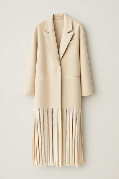 Manteau Long | Coupe Droite avec Franges | Élégance Moderne