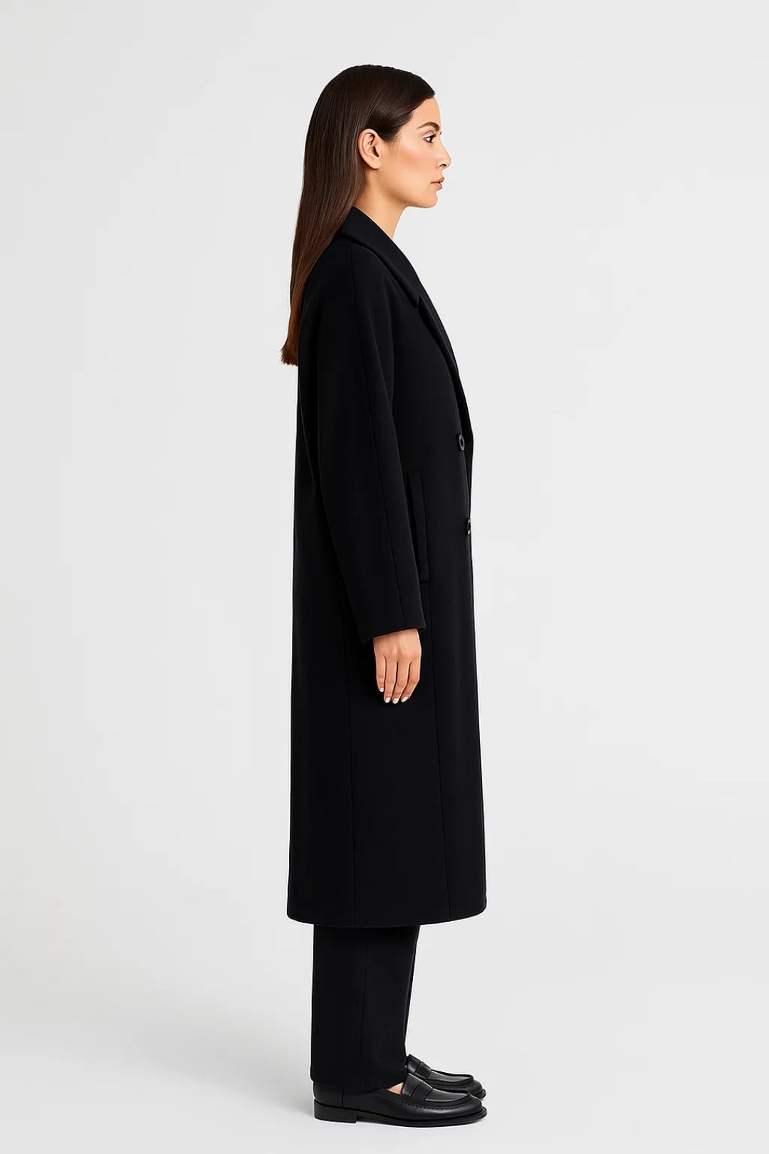 Manteau Long Croisé Femme | Laine Mélangée Gris Foncé | Élégant et Raffiné
