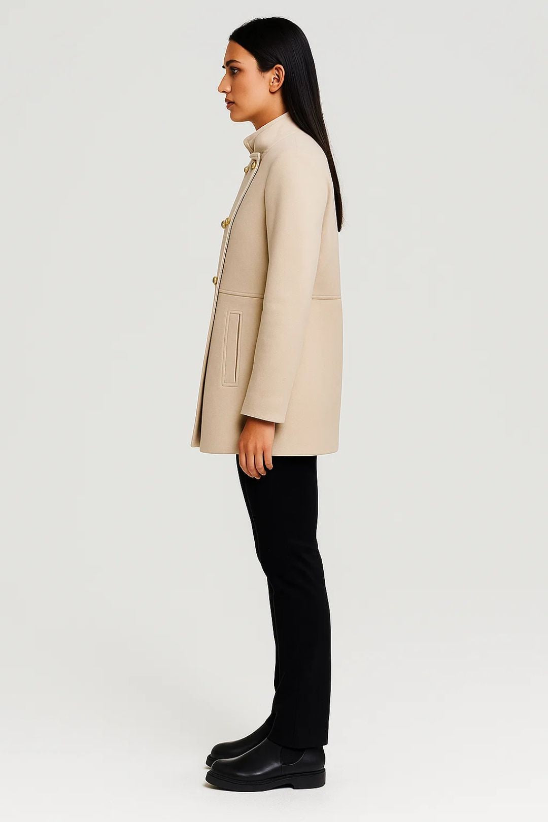 Manteaux | Manteau Court Style Militaire | Col Haut | Boutons Dorés