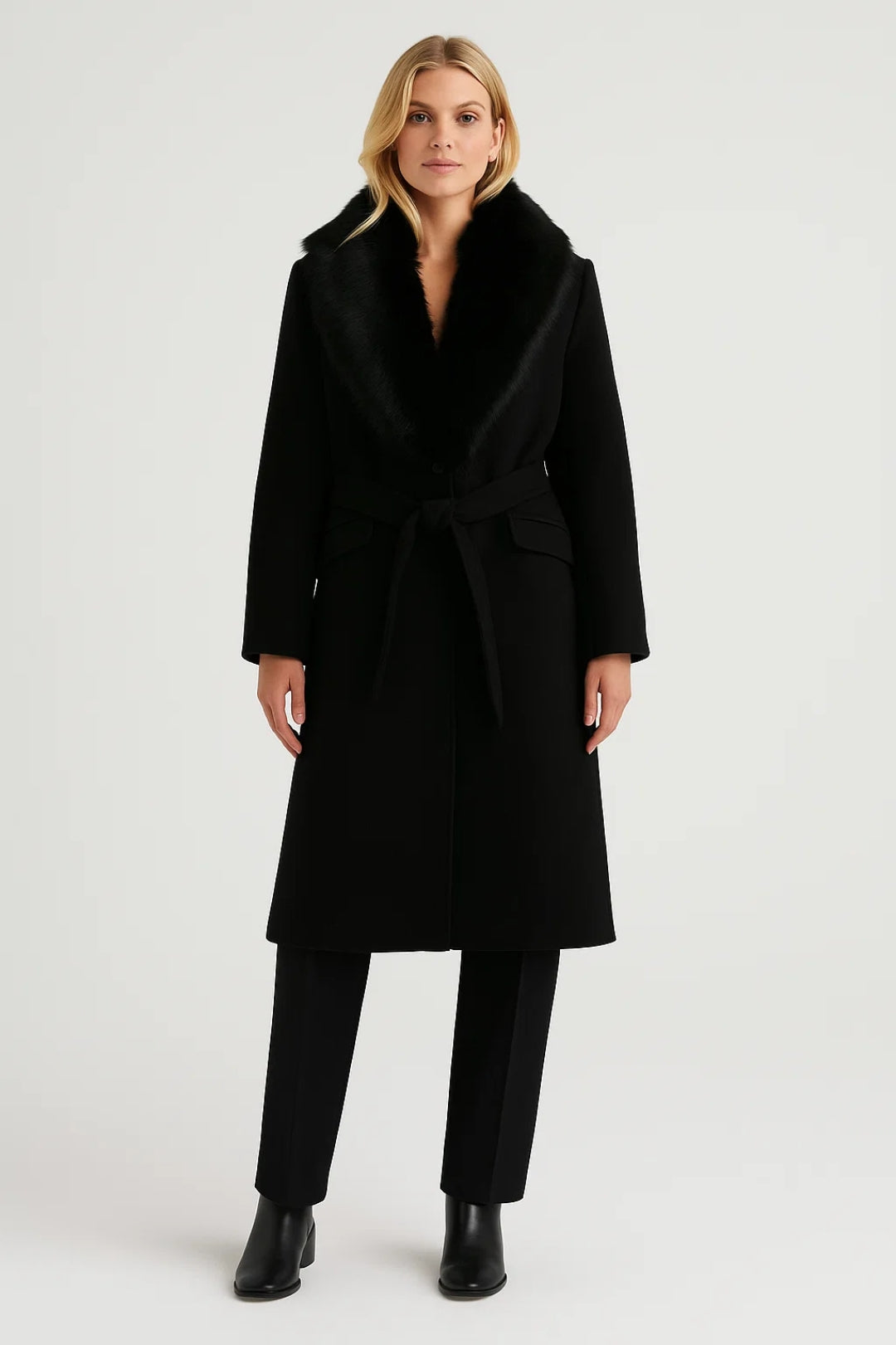 Manteaux Élégants | Manteau long ceinturé à col en fausse fourrure | Chaud et Intemporel