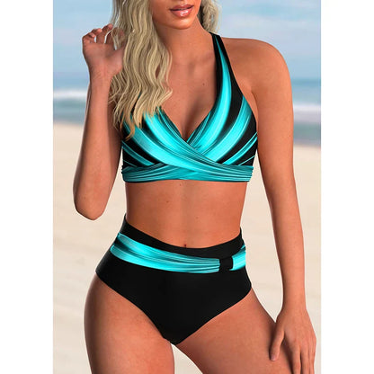Margaux - Bikini Femme Maillot de Bain Chic Taille Haute avec Haut Cache-Cœur Colour Block