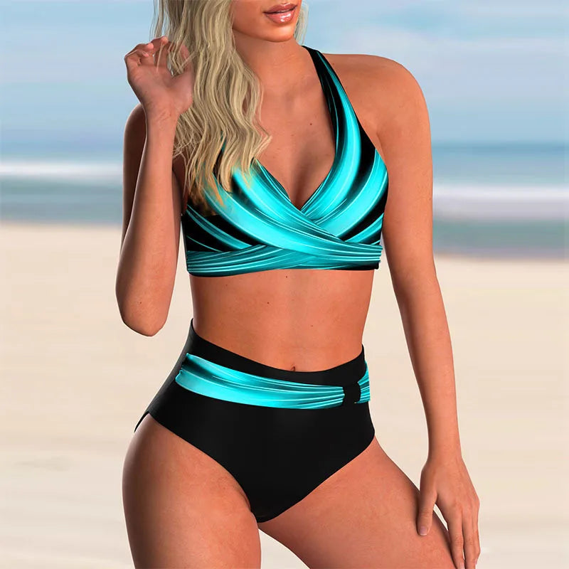 Margaux - Bikini Femme Maillot de Bain Chic Taille Haute avec Haut Cache-Cœur Colour Block
