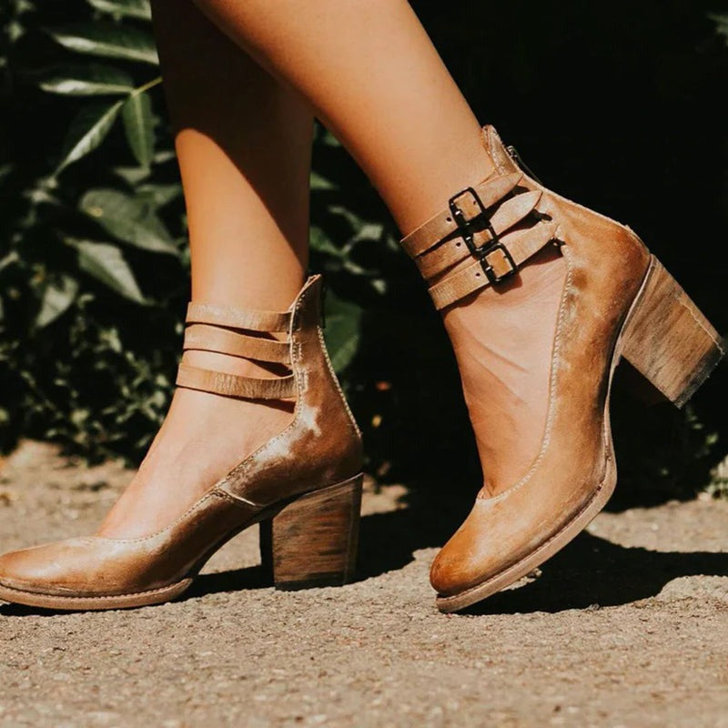 Margaux - Chaussures Orthopédiques Femme Vintage à Triple Bride Cheville et Talon Bloc Bois