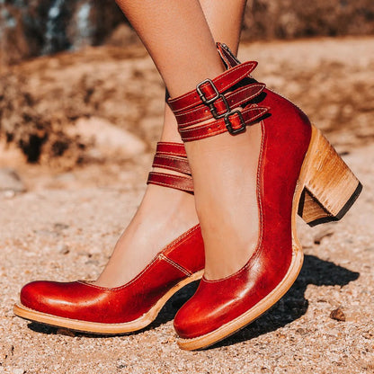 Margaux - Chaussures Orthopédiques Femme Vintage à Triple Bride Cheville et Talon Bloc Bois