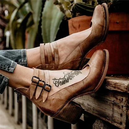 Margaux - Chaussures Orthopédiques Femme Vintage à Triple Bride Cheville et Talon Bloc Bois