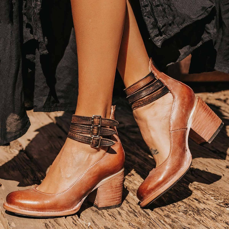Margaux - Chaussures Orthopédiques Femme Vintage à Triple Bride Cheville et Talon Bloc Bois