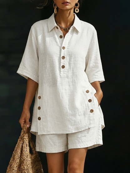 Margaux - Ensemble d'Été en Lin Décontracté Femme avec Chemise Oversize Boutonnée et Short
