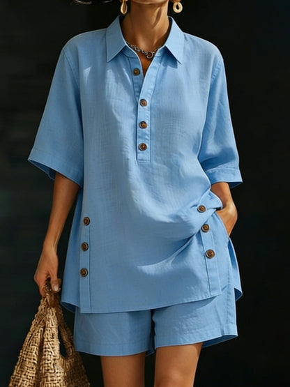 Margaux - Ensemble d'Été en Lin Décontracté Femme avec Chemise Oversize Boutonnée et Short