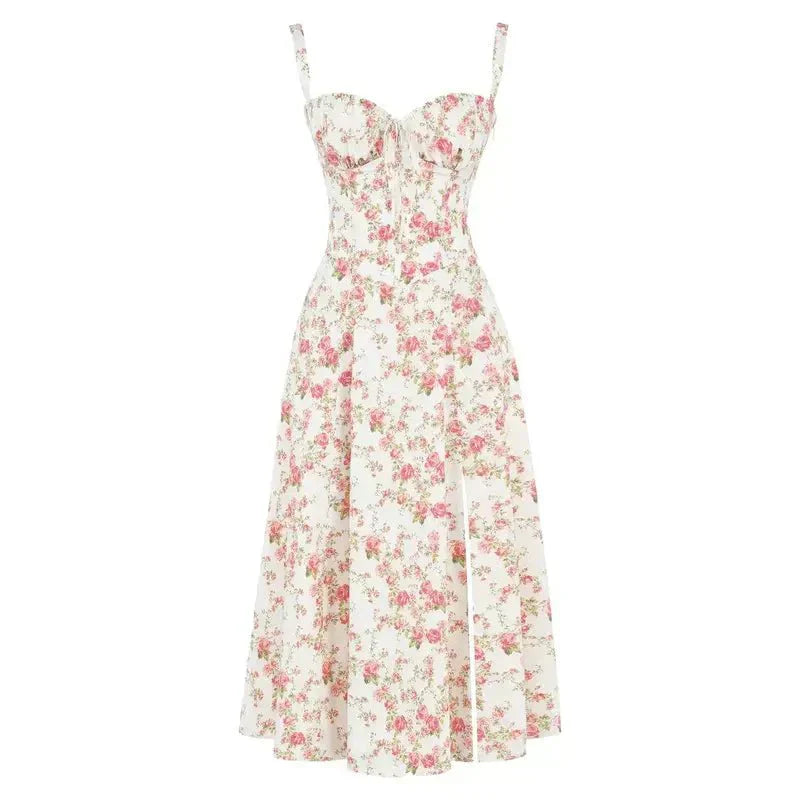 Margaux - Robe Invitée Mariage Femme Romantique Bustier Fleuri avec Fente Midi