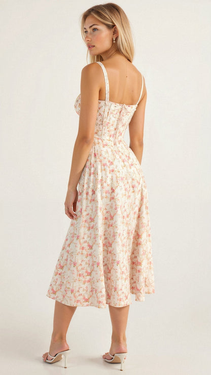 Margaux - Robe Invitée Mariage Femme Romantique Bustier Fleuri avec Fente Midi