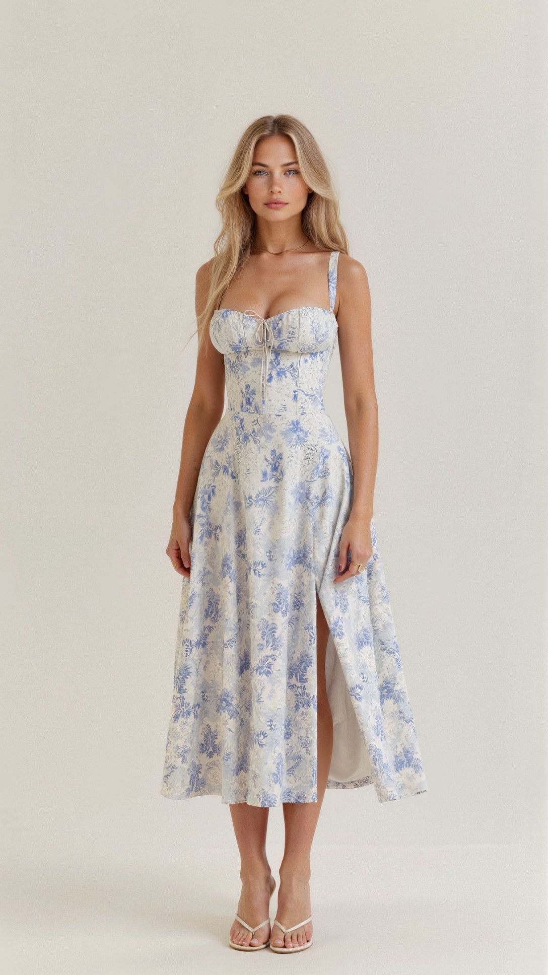 Margaux - Robe Invitée Mariage Femme Romantique Bustier Fleuri avec Fente Midi